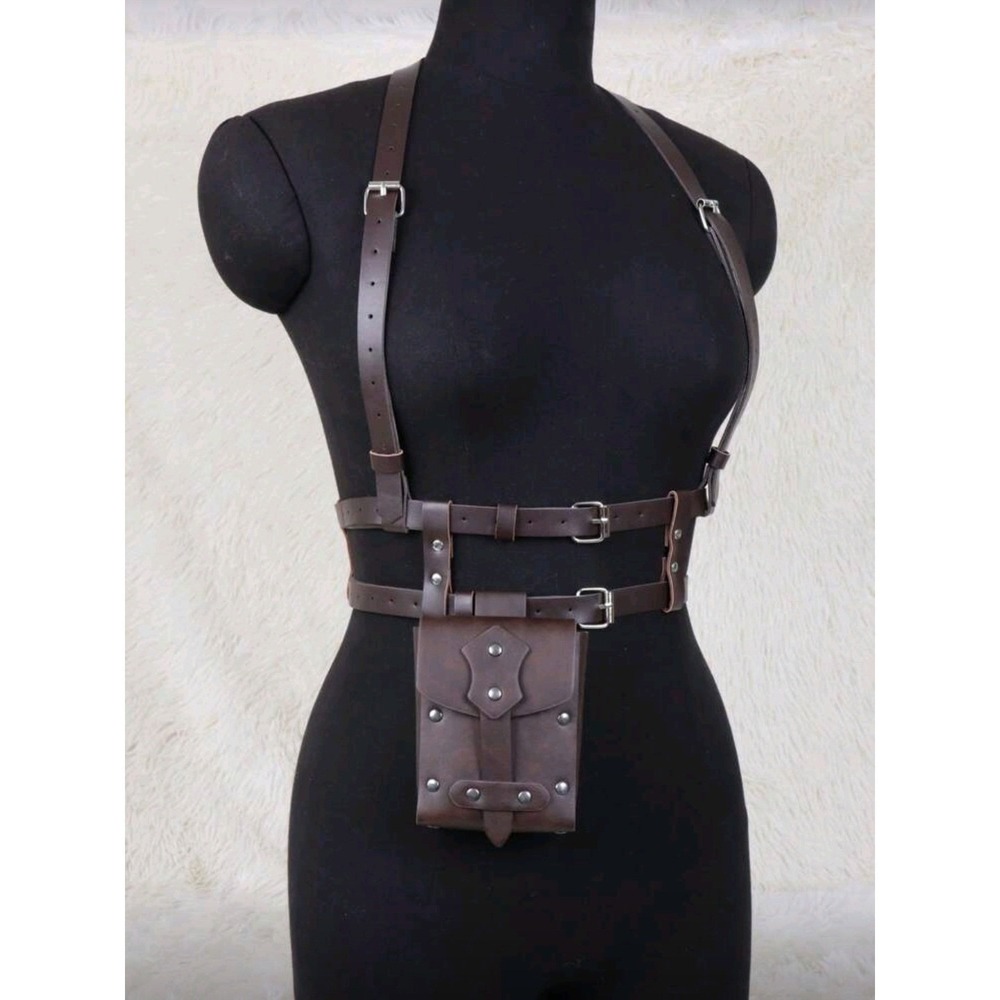 Women’s Brown Leather Harness Belt with Pouch - Picture 2 of 3